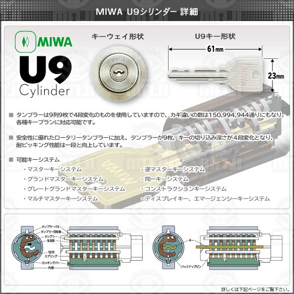 美和ロックU9 DA75/TE0 Ｇ9（ゴールド）色 2個同一 シリンダー