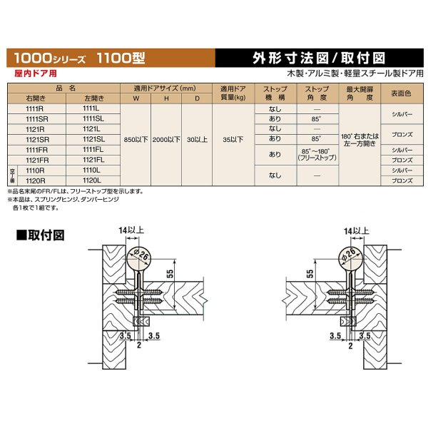 日東工器（デンセイ） オートヒンジ丁番型 1000シリーズ 1100型 右勝手(R)/左勝手(L)