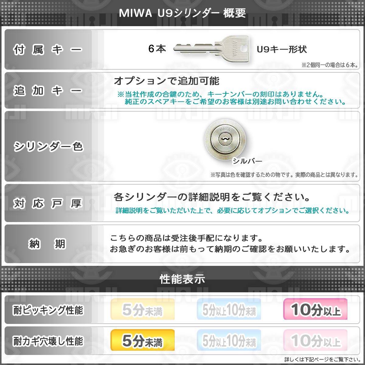 MIWA,美和ロックU9 TE0/TE22 シルバー色 2個同一 シリンダー